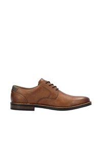 Scarpe stringate in pelle marrone con pannello laterale texturizzato, punta arrotondata, suola scura a contrasto e dettagli di cucitura sottili.