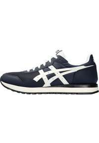 Navy mesh and synthetic athletic shoe with white accents, featuring a black rubber sole and lace-up design. No visible patterns or logos.