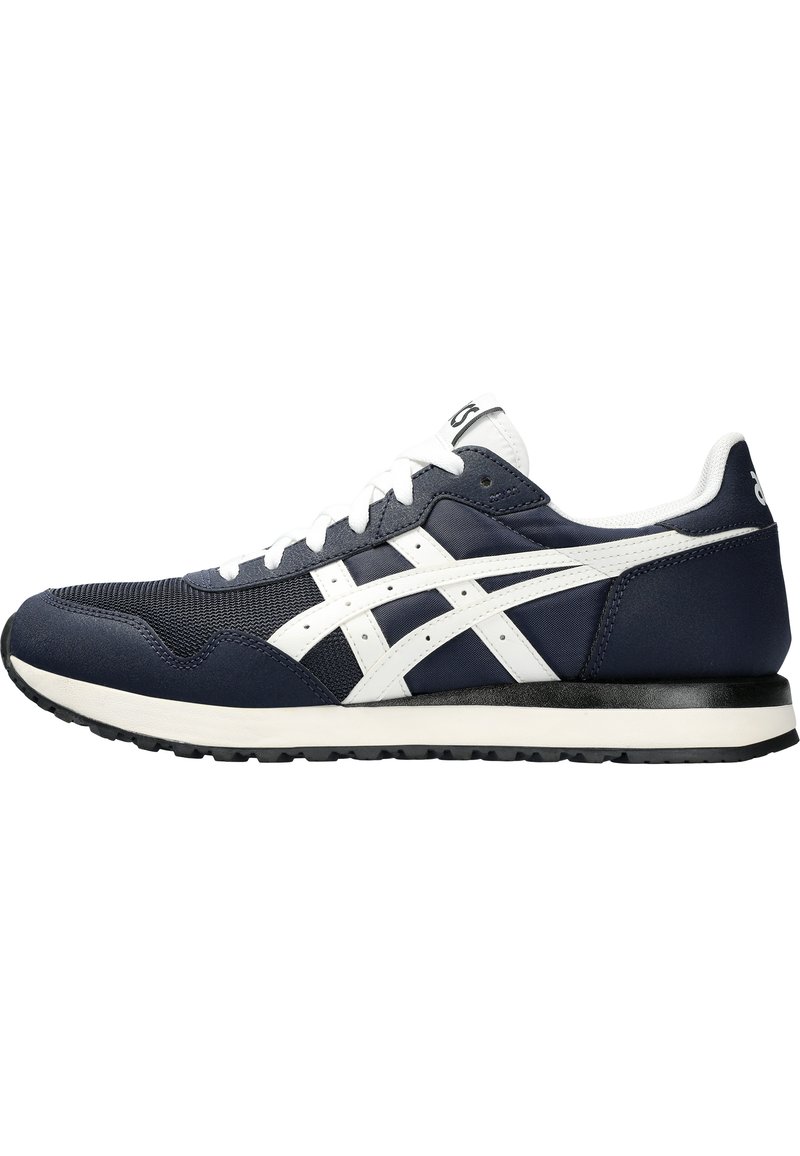 Navy mesh and synthetic athletic shoe with white accents, featuring a black rubber sole and lace-up design. No visible patterns or logos.