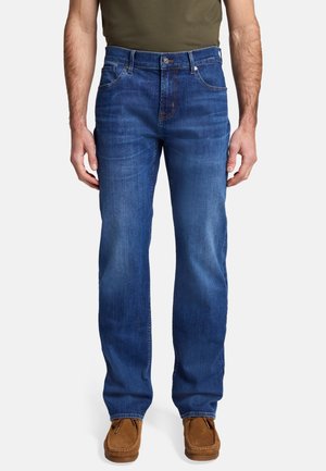 Blaue Denim-Jeans mit geradem Schnitt, Fünf-Taschen-Design und kontrastierenden Nähten. Weiche Textur und mittlere Waschung.