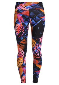 Colorful leggings featuring a black background with vibrant geometric patterns and tropical leaf designs in pink, orange, and blue.