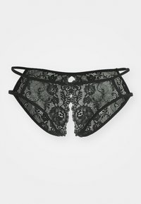 Zwarte kanten lingerie met bloempatronen, voorzien van uitsparingen, strappy accenten en een gladde textuur. Het open rugontwerp benadrukt de details.