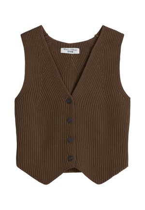 Braune gestrickte ärmellose Weste mit V-Ausschnitt und vier schwarzen Knöpfen vorne, mit Marc O'Polo Denim-Etikett.