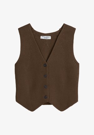 Braune gestrickte ärmellose Weste mit V-Ausschnitt und vier schwarzen Knöpfen vorne, mit Marc O'Polo Denim-Etikett.