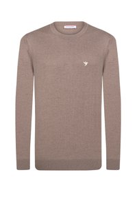 Maglione in lana beige con scollatura rotonda, maniche lunghe e orlo a coste. Presenta un piccolo logo di un uccello ricamato in beige sul petto.