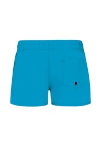 Turquoise zwemshorts met een vlakke tailleband, achterzak en een minimalistisch ontwerp. Gladde textuur zonder zichtbare patronen of hardware.