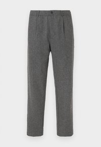 Sive volnene hlače z elegantnim krojem, z gumbom na zapenjanju, z nagubanji spredaj in čistimi linijami. Gladka tekstura, dolžina do gležnjev.