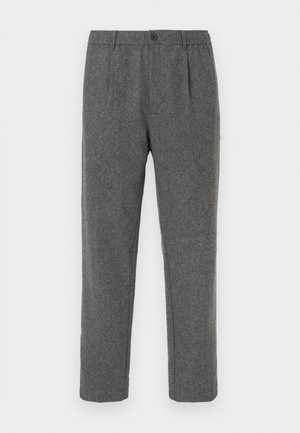 Pelēkie vilnas bikses ar pielāgotu piegriezumu, ar pogu aizdari, priekšā ar uzlocījumiem un tīrām līnijām. Gluda tekstūra, līdz potītēm.