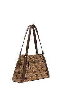 Sac fourre-tout marron à motifs avec deux bretelles d'épaule, une poche zippée et des accents de quincaillerie dorée. Tissu texturé et forme structurée.