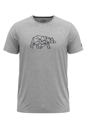Grijze katoenen t-shirt met een geometrisch ontwerp van een zwarte beer aan de voorkant. Korte mouwen, ronde hals en een gestructureerde stof.