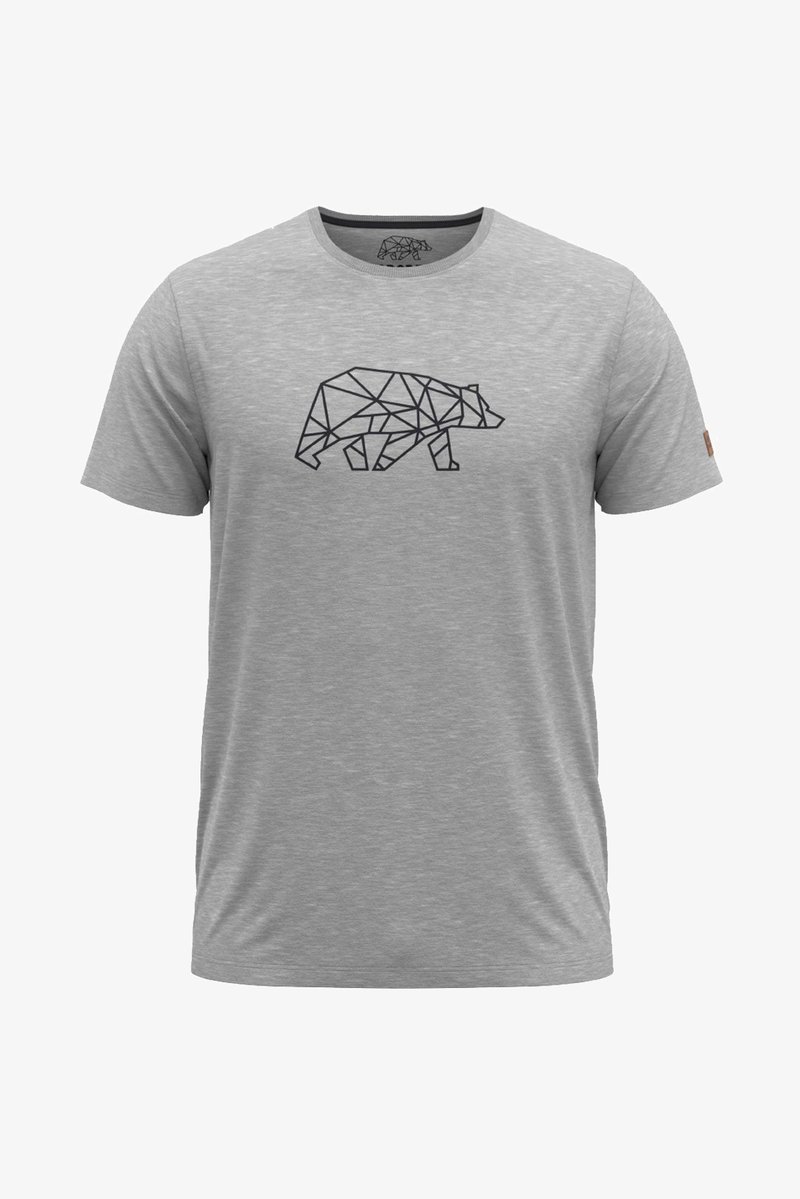 Camiseta de algodón gris con un diseño geométrico de oso negro en la parte frontal. Mangas cortas, escote redondo y una tela texturizada.