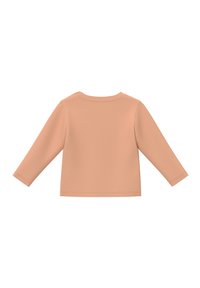 Majica dugih rukava od mekog breskvastog materijala, s okruglim izrezom i jednostavnim dizajnom bez dodatnih detalja ili uzoraka.