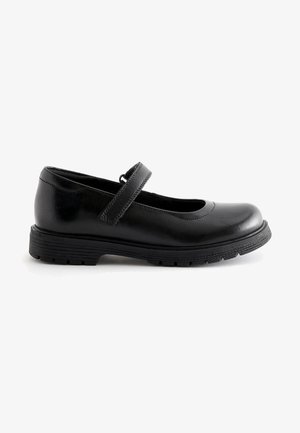 Schwarzer Leder-Mary-Jane-Schuh mit abgerundeter Zehe, verstellbarem Riemen und strukturiertem Gummisohl. Minimalistisches Design und niedriger Absatz.