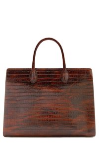 Brown crocodile-embossed leather handbag with a structured rectangular shape, two rounded handles, and a glossy finish.