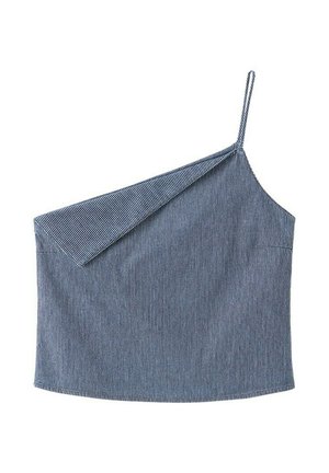 Canotta asimmetrica a righe sottili blu e bianche con una sottile spallina e un dettaglio di stoffa piegata sovrapposta.