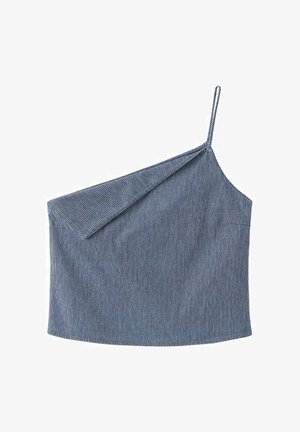 Modro-biela tenko pruhovaná asymetrická kamizolka s jedným tenkým ramienkom a prekrývajúcim sa zloženým detailom látky.