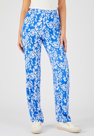 Blauwe, gestreepte broek met een bloemenpatroon in het wit, gemaakt van lichtgewicht stof met een elastische tailleband en een losse pasvorm.