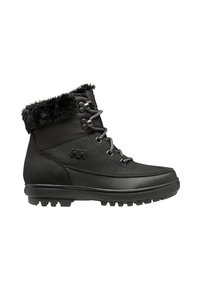 Botas de senderismo impermeables negras con una suela de goma texturizada, cuello de pelaje sintético, ojales metálicos y cierre de cordones. Parte superior de ante y sintético.