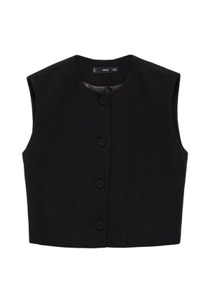 Gilet senza maniche nero realizzato in un tessuto morbido, con scollatura rotonda e sei bottoni frontali, dal taglio leggermente corto.