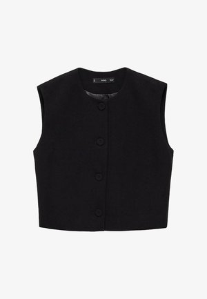 Gilet senza maniche nero realizzato in un tessuto morbido, con scollatura rotonda e sei bottoni frontali, dal taglio leggermente corto.