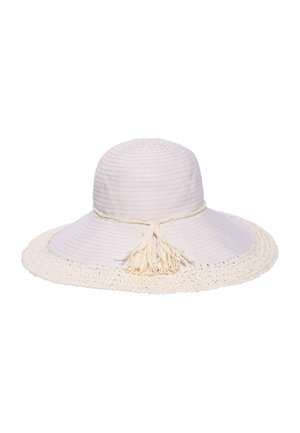 Wide-brimmed cream sun hat with braided trim and tassel detail around the crown.