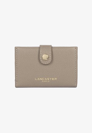 Beige textured leather wallet with gold snap button and gold "Lancaster Paris" logo on front, rectangular and compact design.