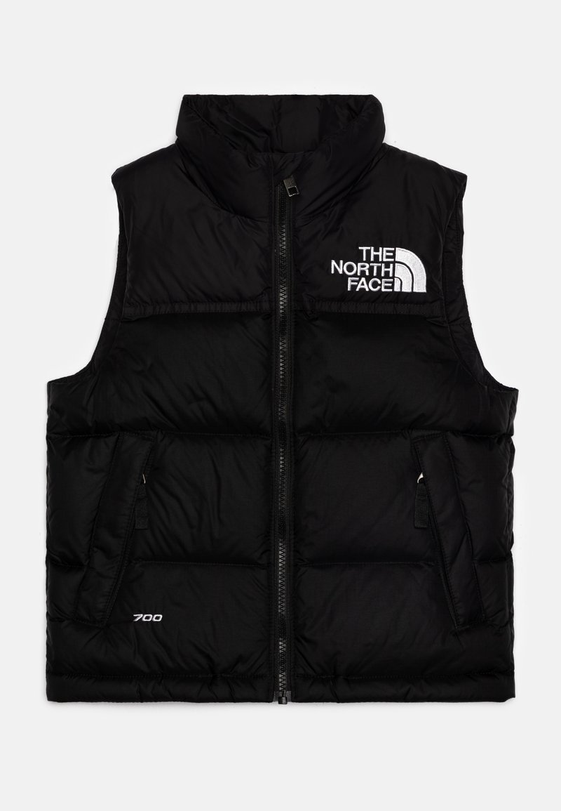 Gilet imbottito nero con colletto alto, zip frontale, due tasche laterali e logo bianco sul petto. Presenta motivi trapuntati orizzontali.