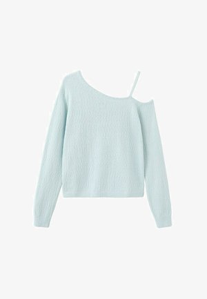 Maglione a maniche lunghe color azzurro chiaro con una spalla scoperta con una spallina e una spallina sottile, orlo e polsini lavorati a maglia.
