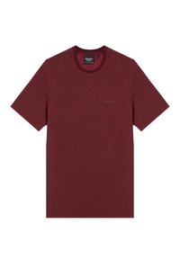 Bordo krāsas T-krekls ar apaļu kaklu, izgatavots no kokvilnas, ar īsām piedurknēm un smalku logotipu krāsā, kas saskan ar audumu, uzdrukātu uz krūtīm.