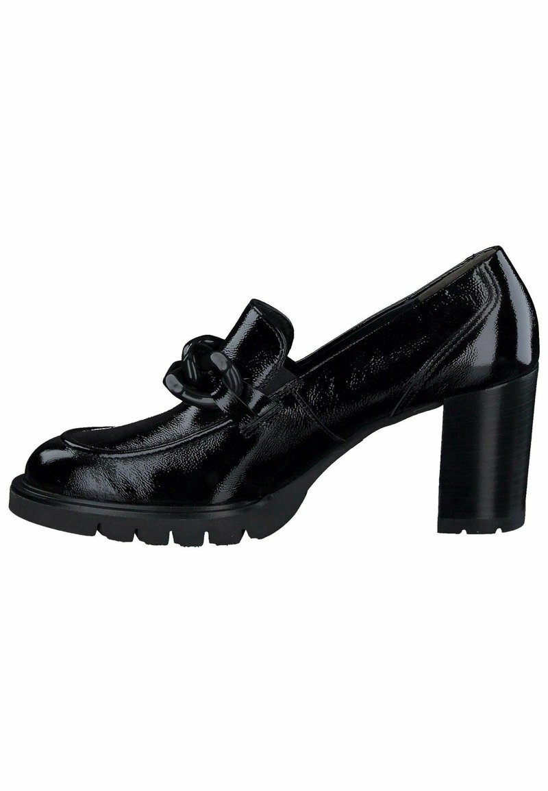 Chaussures à talons hauts en cuir verni noir avec un talon épais, ornées d'un nœud décoratif noir et d'une semelle en caoutchouc texturée.