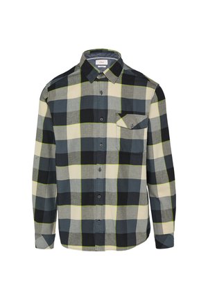 Plaid long-sleeve shirt featuring dark blue, gray, and white check patterns with neon green accents. Includes a button-up front and chest pocket.