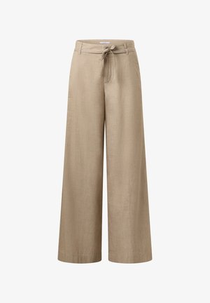 Beige linnen broek met wijde pijpen, voorzien van ceintuurlussen en een gestrikte stoffen riem in de taille.