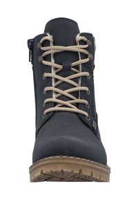 Botte cheville en cuir noir avec des lacets beiges, fermeture éclair latérale et semelle texturée. Elle dispose d'une doublure douce et d'un logo discret sur le côté.