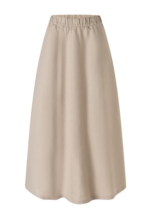 Beige A-line midi skirt with elastic waistband and central seam detail.