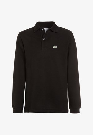 Polo shirt noir à manches longues en tissu texturé avec un col, comportant deux boutons et un logo crocodile vert sur la poitrine.