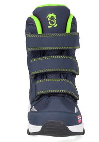 Tamsiai mėlynas sportinis botas su trimis Velcro užsegimais, citrinos žalumos akcentais, tekstūruota medžiaga, paminkštinta liežuvėliu ir logotipu ant viršaus.