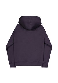 Dunkellila Kapuzenpullover mit langen Ärmeln, von hinten gezeigt, mit großer Kapuze und gerippten Bündchen und Saum.