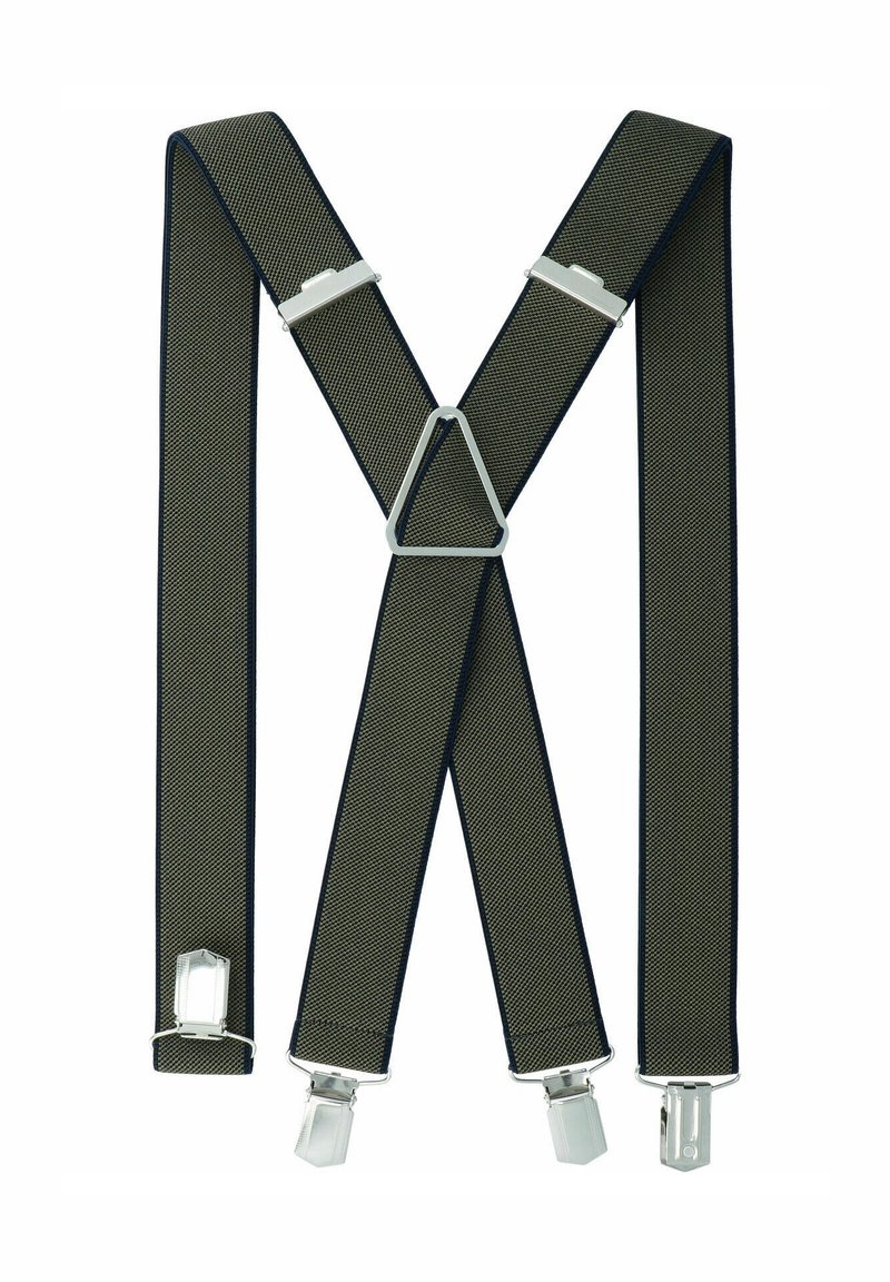 Elastische Hosenträger in Olivgrün mit navyblauen Rändern, ausgestattet mit metallischen Clips und einem dreieckigen Metallverbinder zur Sicherung.