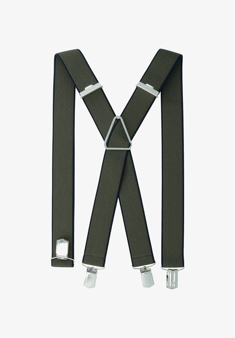 Elastische Hosenträger in Olivgrün mit navyblauen Rändern, ausgestattet mit metallischen Clips und einem dreieckigen Metallverbinder zur Sicherung.