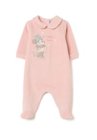 Mono de felpa rosa con mangas largas, que presenta un diseño bordado de Minnie Mouse y un cuello con solapa. Se cierra con botones a presión en la parte inferior.