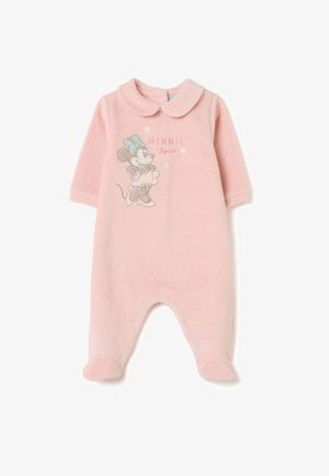 Rosa, plüschiger Overall mit langen Ärmeln, der ein gesticktes Minnie-Mouse-Design und einen kragenartigen Ausschnitt aufweist. Wird mit Druckknöpfen am unteren Ende geschlossen.