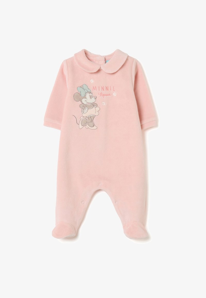 Tutina plush in rosa con maniche lunghe, caratterizzata da un design ricamato di Minnie Mouse e un colletto. Si chiude con pressoni nella parte inferiore.