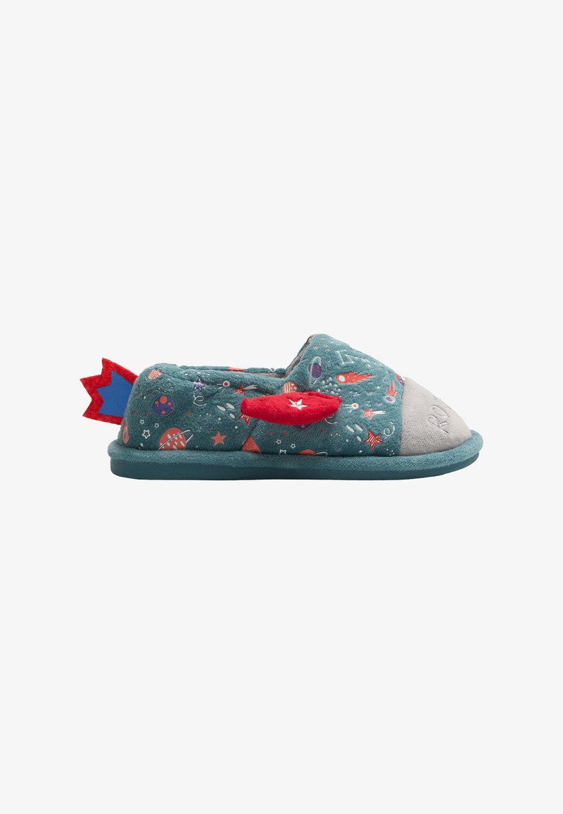 Zapatilla turquesa de tela suave, con puntera gris, detalles en rojo y un patrón temático espacial de planetas y estrellas.