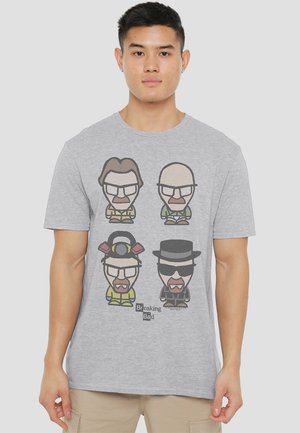 Gray cotton t-shirt featuring cartoon characters from "Breaking Bad" in four poses with distinct outfits and facial expressions.