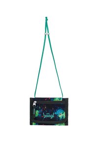 Portafoglio a tracolla nero, caratterizzato da un design a macchie colorate con accenti blu, verdi e rossi; include una tasca con zip e una tracolla regolabile.