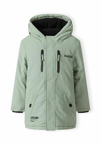 Parka mint vert, zippée et à capuche, dotée de deux poches zippées à l'avant, de fermetures éclair noires contrastantes et d'un intérieur en polaire.