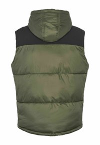 Veste sans manches matelassée verte avec panneau d'épaule noir et capuche attachée vue de dos sur fond blanc.