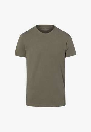Schlichtes olivgrünes T-Shirt mit kurzen Ärmeln und Rundhalsausschnitt, einfachem Design ohne sichtbare Muster oder Logos.
