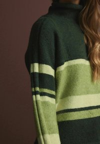 Grün und hellgrün gestreifter Strickpullover mit hohem Kragen, der eine weiche Textur und eine lockere Passform aufweist.