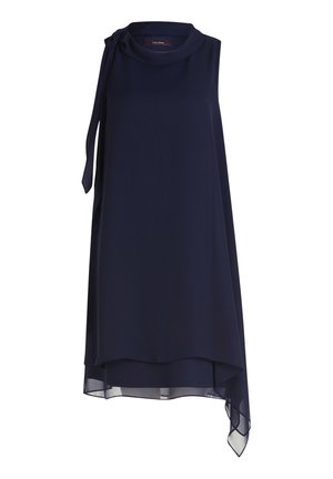 Navy-blaues ärmelloses Tunika-Kleid mit Rundhalsausschnitt, asymmetrischem Saum und einer Schlaufe am linken Schulter. Glatte Stofftextur, fließendes Design.
